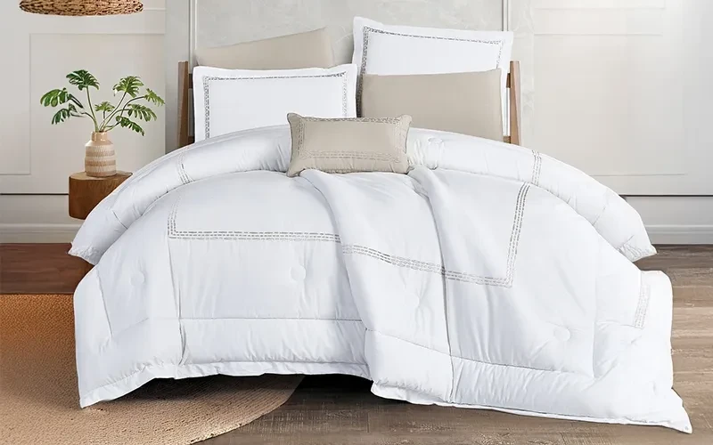 Rama Cotton Embroidered Comforter Bedding Set 7 PCS - King White & Beige