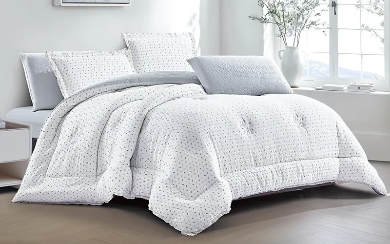 Pinky Lace Printed Comforter Bedding Set 6 PCS - Queen White & Grey
