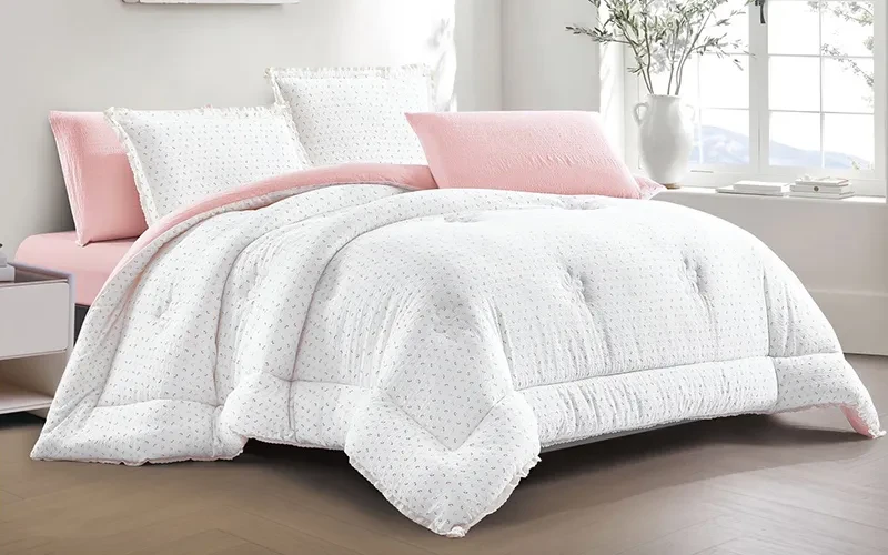 Pinky Lace Printed Comforter Bedding Set 6 PCS - Queen White & Pudra