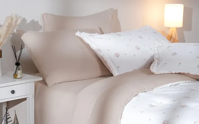 Pinky Lace Printed Comforter Bedding Set 6 PCS - Queen White & Beige
