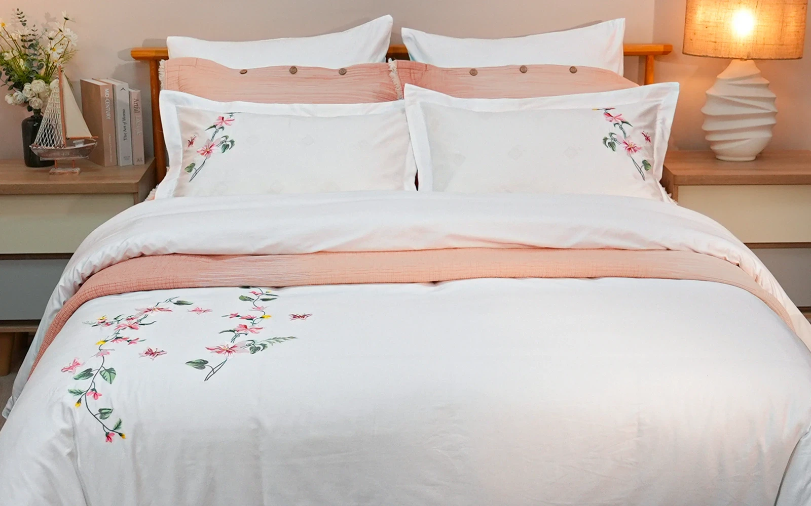 Cyber 3D Embroidered Cotton Duvet Cover Set with Filling & Double Face Turkish Bedspread 10 PCS - King