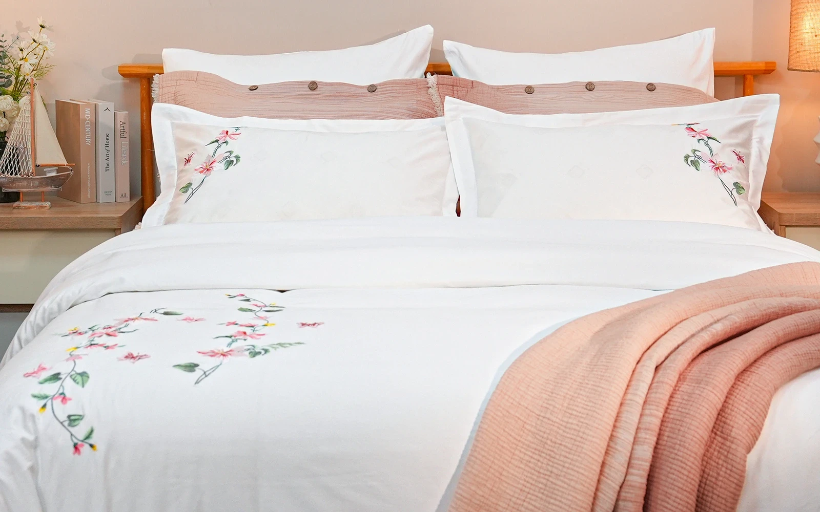 Cyber 3D Embroidered Cotton Duvet Cover Set with Filling & Double Face Turkish Bedspread 10 PCS - King