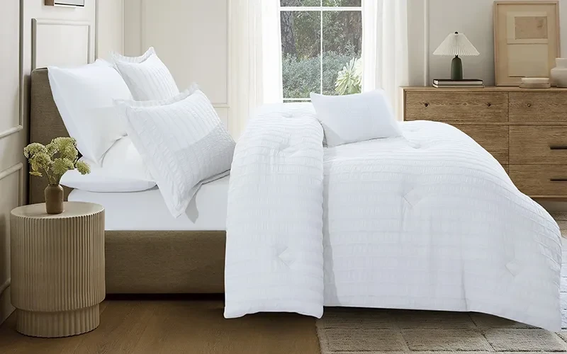 Grid Stripe Crepe Comforter Bedding Set 7 PCS - King White