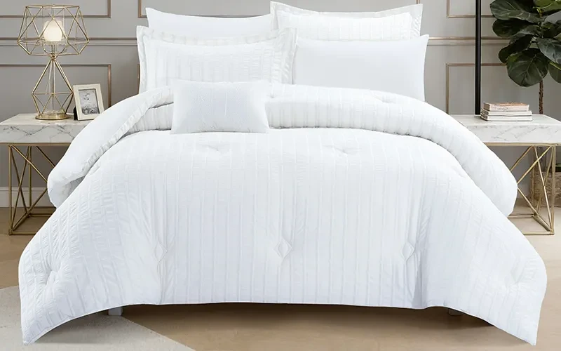 Grid Stripe Crepe Comforter Bedding Set 7 PCS - King White