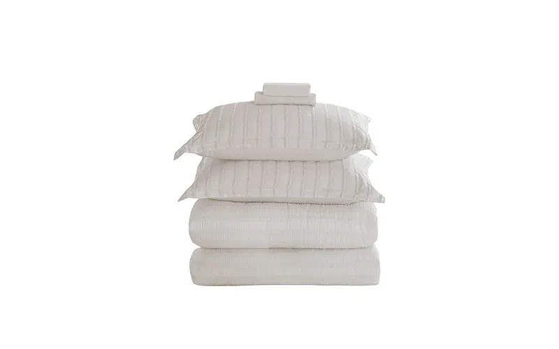Grid Stripe Crepe Comforter Bedding Set 7 PCS - King Beige
