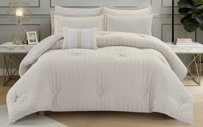 Grid Stripe Crepe Comforter Bedding Set 7 PCS - King Beige