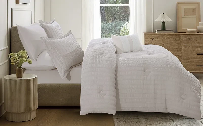 Grid Stripe Crepe Comforter Bedding Set 7 PCS - King Beige