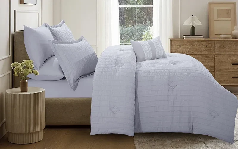 Grid Stripe Crepe Comforter Bedding Set 7 PCS - King L.Grey
