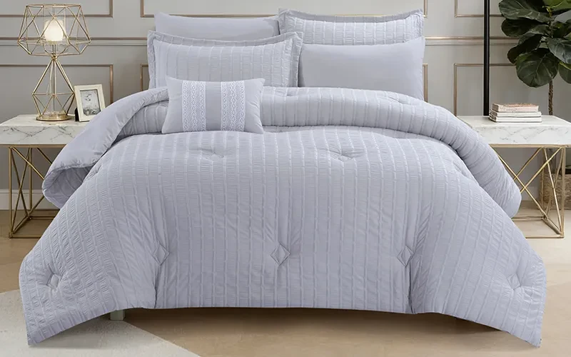 Grid Stripe Crepe Comforter Bedding Set 7 PCS - King L.Grey