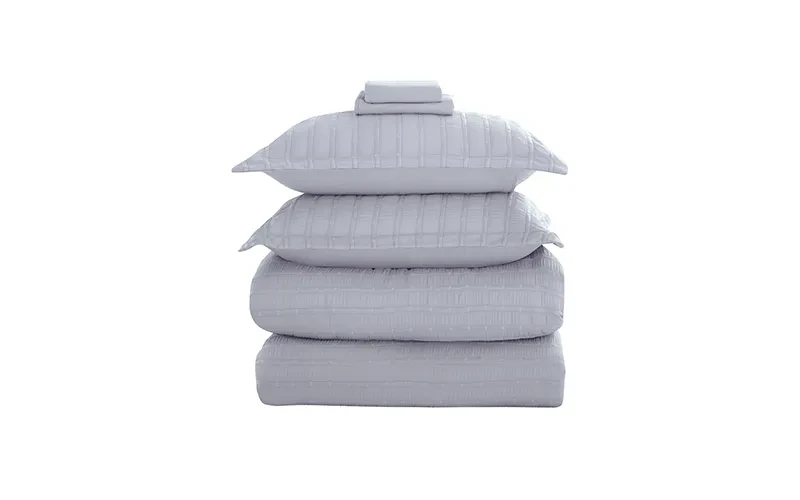 Grid Stripe Crepe Comforter Bedding Set 7 PCS - King L.Grey