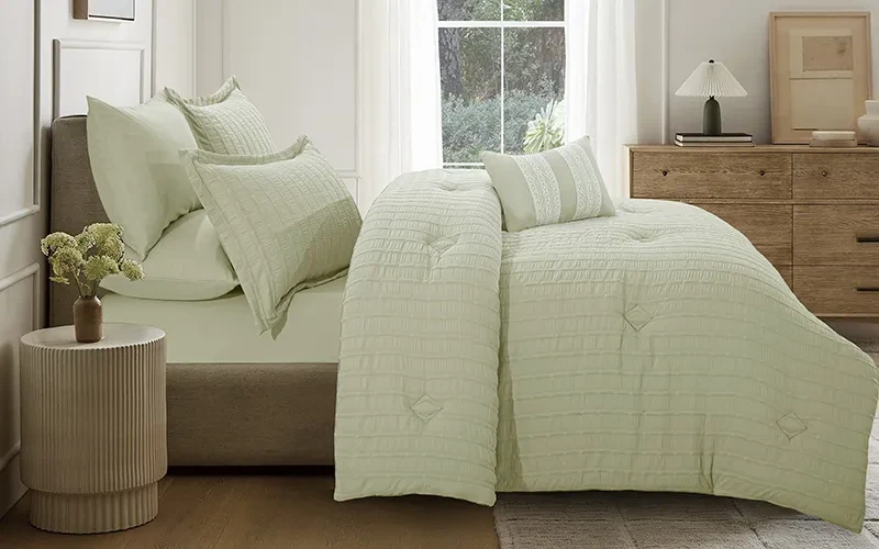 Grid Stripe Crepe Comforter Bedding Set 7 PCS - King L.Green
