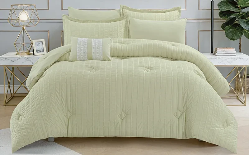 Grid Stripe Crepe Comforter Bedding Set 7 PCS - King L.Green