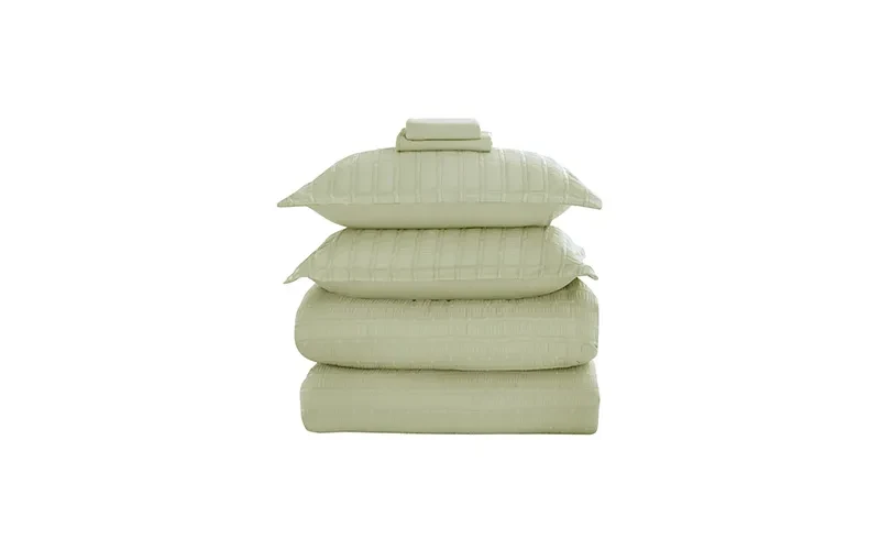 Grid Stripe Crepe Comforter Bedding Set 7 PCS - King L.Green