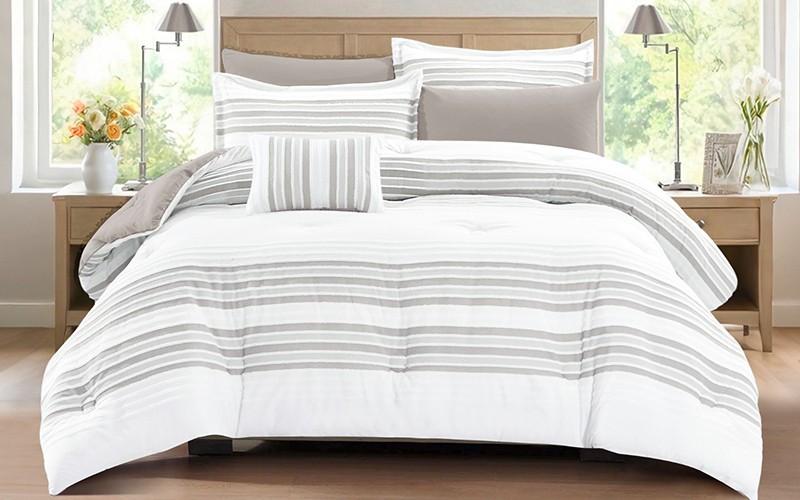 Horizon Stripe Comforter Bedding Set 7 PCS - King White & D.Beige
