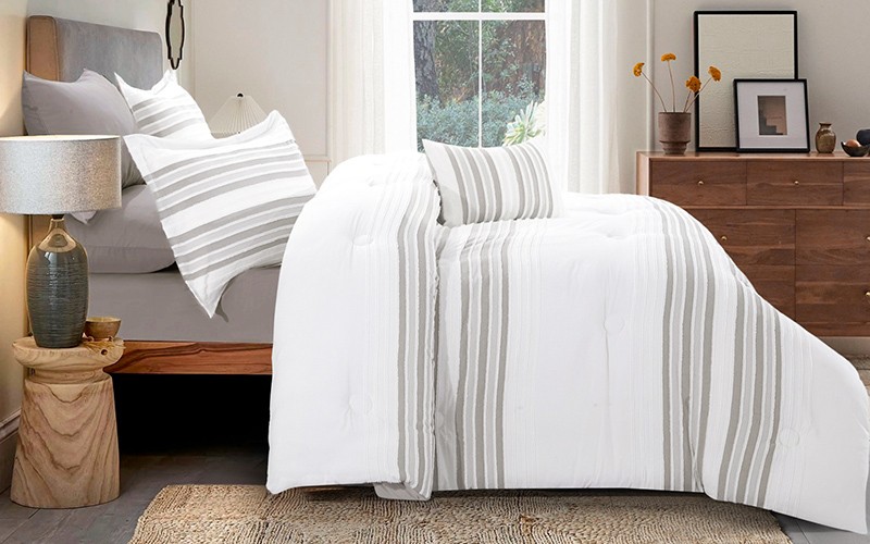 Horizon Stripe Comforter Bedding Set 7 PCS - King White & D.Beige