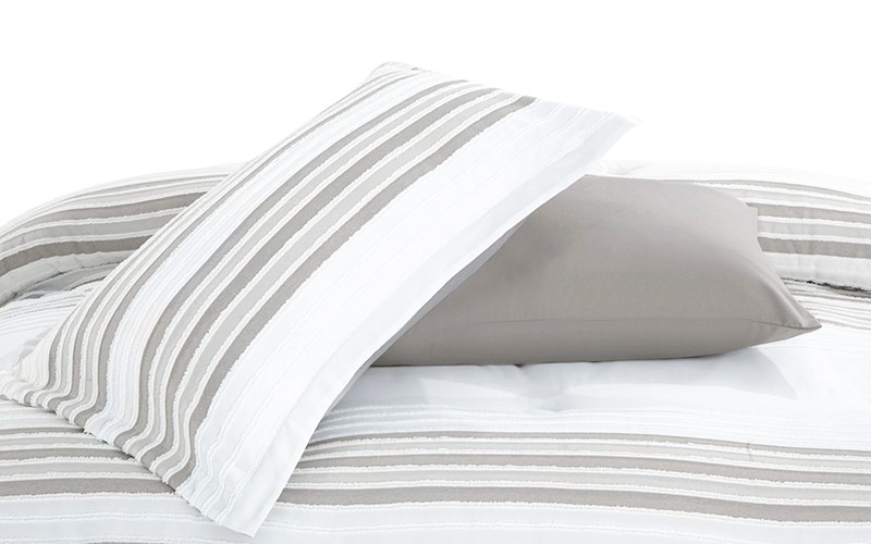 Horizon Stripe Comforter Bedding Set 7 PCS - King White & D.Beige