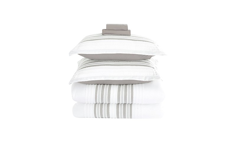 Horizon Stripe Comforter Bedding Set 7 PCS - King White & D.Beige