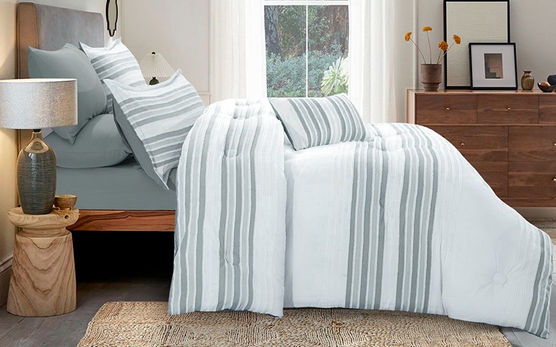 Horizon Stripe Comforter Bedding Set 7 PCS - King White & Mint