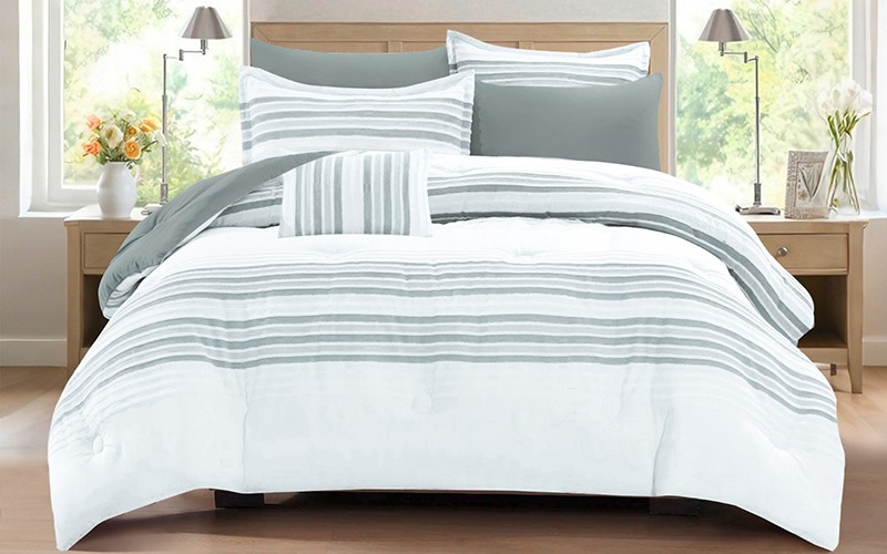 Horizon Stripe Comforter Bedding Set 7 PCS - King White & Mint