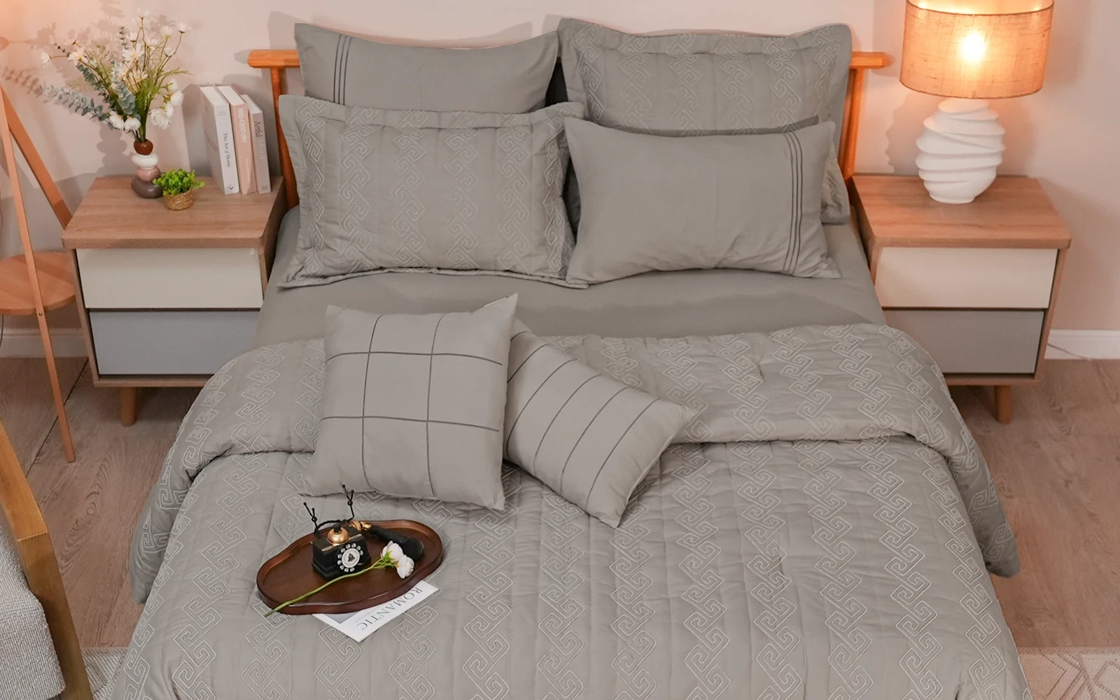 Cruiser Embroidered Comforter Bedding Set 6 PCS - Queen D.Beige