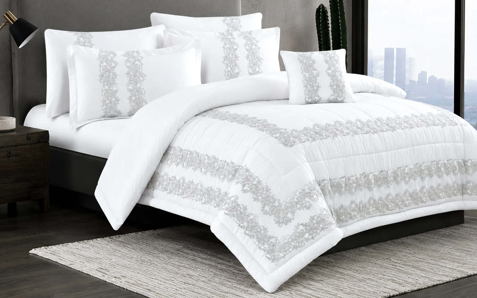 Santafe Lace Comforter Bedding Set 7 PCS - King Off White