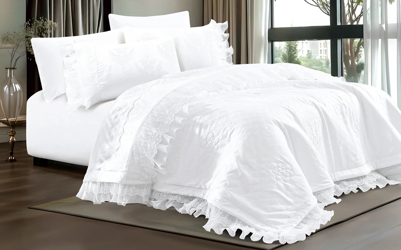 Taurus Jacquard Lace Wedding Bedspread Set  6 PCs - King White