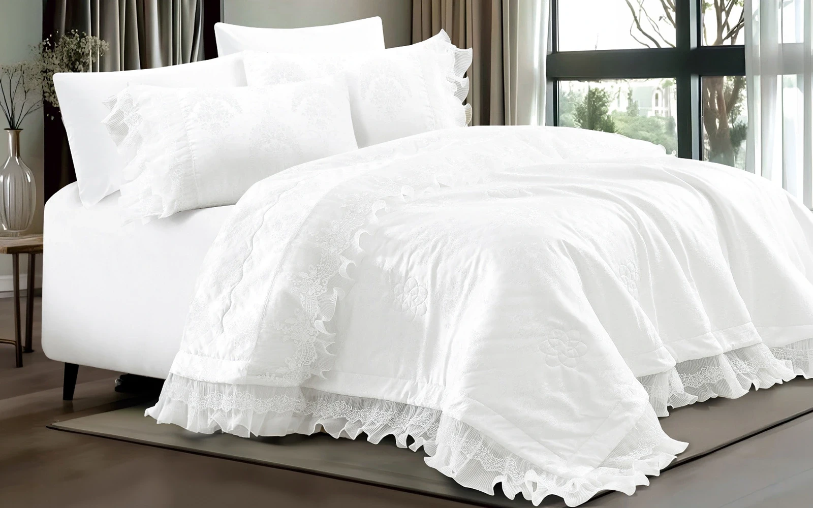 Taurus Jacquard Lace Wedding Bedspread Set  6 PCs - King Off White