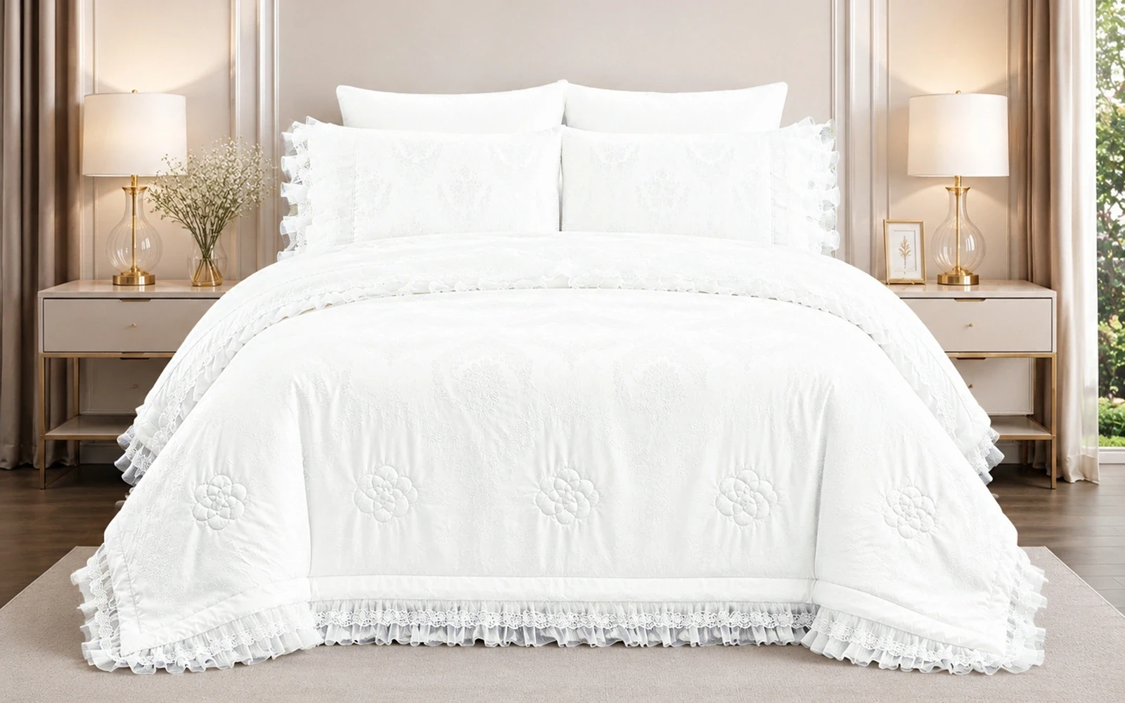 Taurus Jacquard Lace Wedding Bedspread Set  6 PCs - King Off White