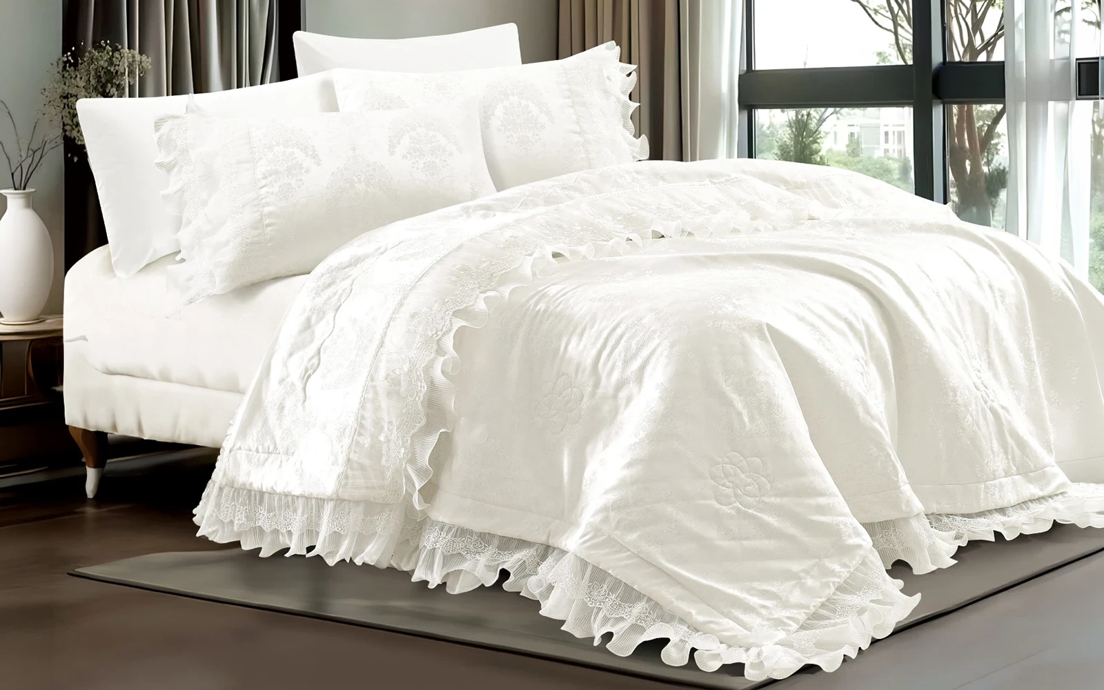 Taurus Jacquard Lace Wedding Bedspread Set  6 PCs - King Cream