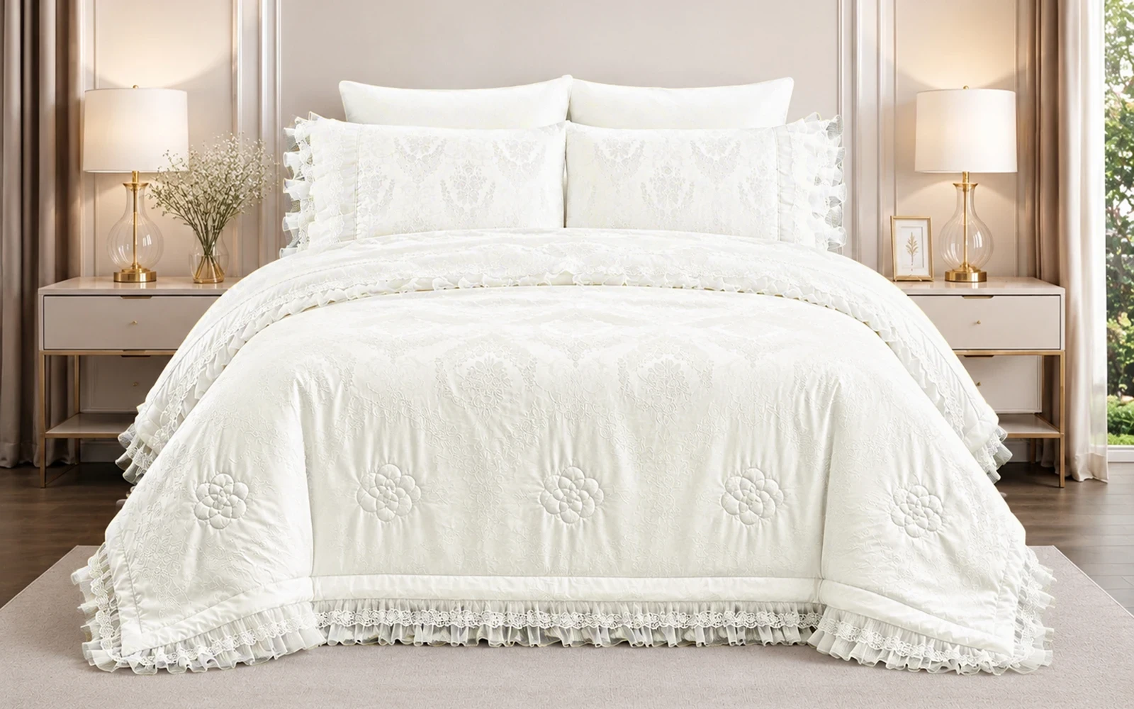 Taurus Jacquard Lace Wedding Bedspread Set  6 PCs - King Cream