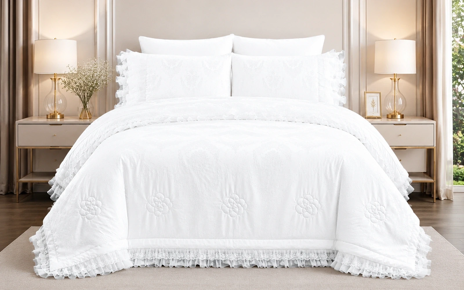 Taurus Jacquard Lace Wedding Bedspread Set  6 PCs - King White