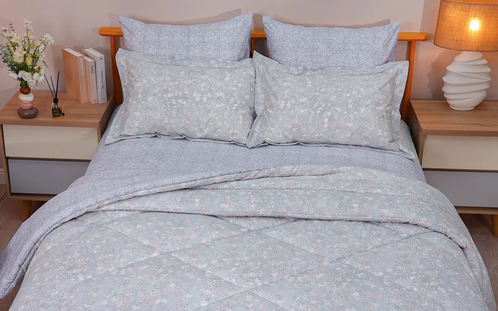 Violet Double Face Printed Cotton Comforter Bedding Set 6 PCS - Queen Multi Color