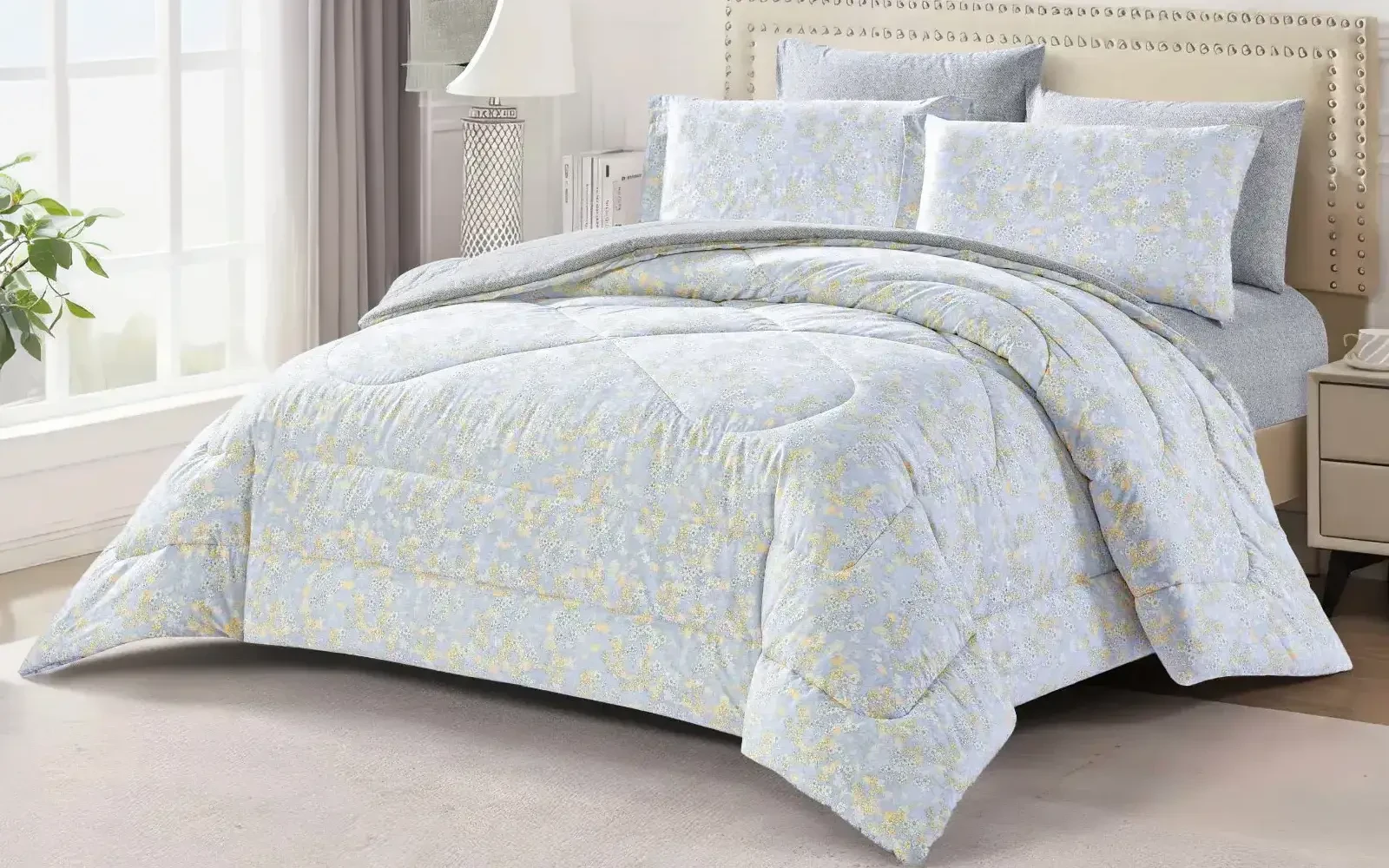 Violet Double Face Printed Cotton Comforter Bedding Set 6 PCS - Queen Multi Color