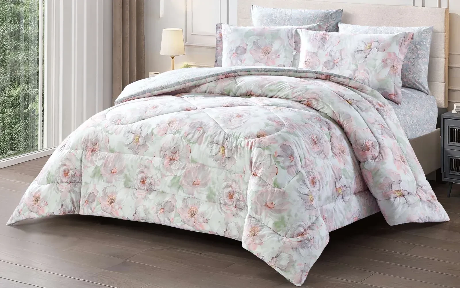 Violet Double Face Printed Cotton Comforter Bedding Set 6 PCS - Queen Multi Color