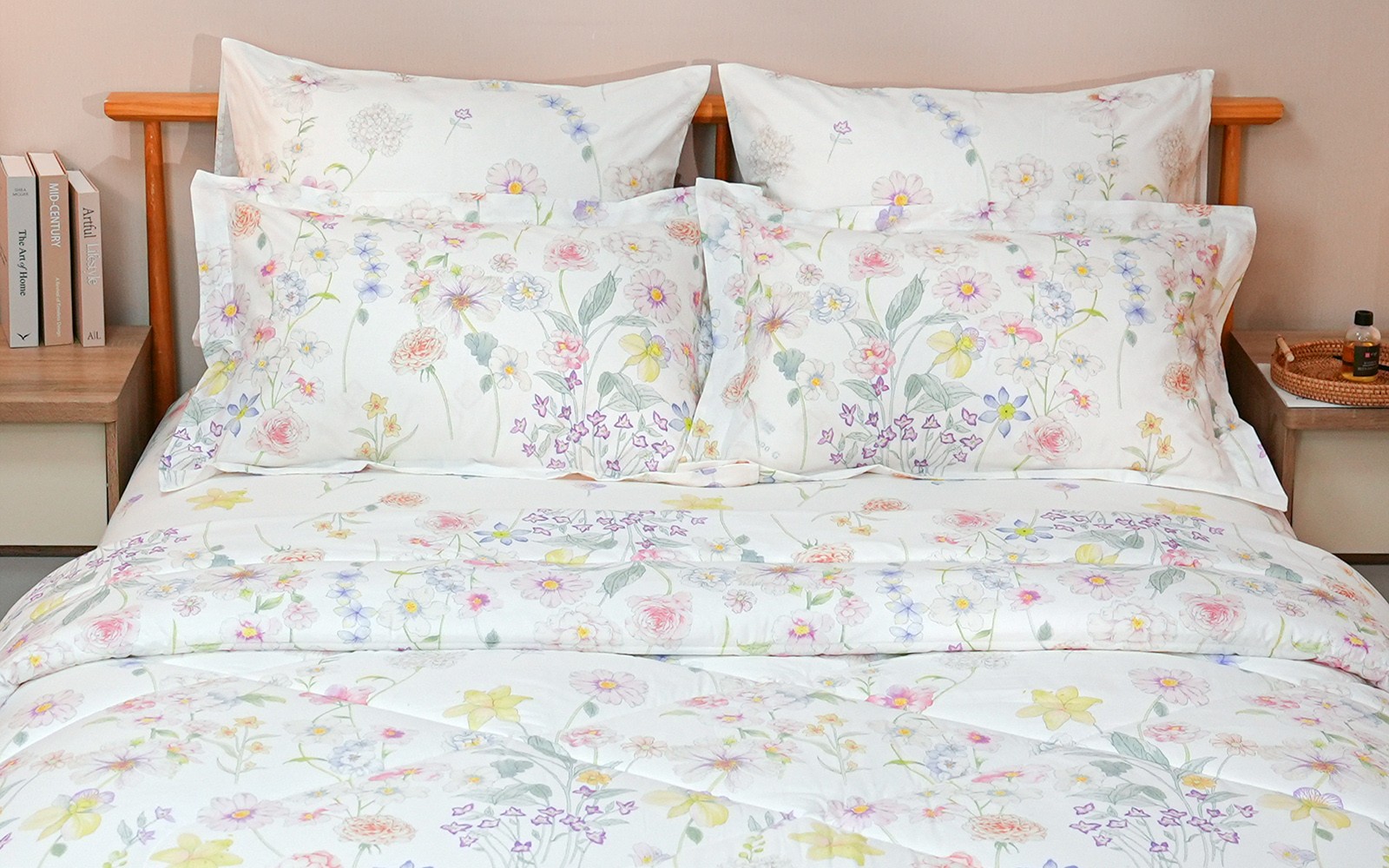 Violet Double Face Printed Cotton Comforter Bedding Set 6 PCS - Queen Multi Color