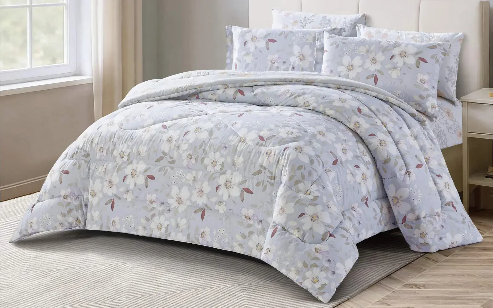 Violet Double Face Printed Cotton Comforter Bedding Set 6 PCS - Queen Multi Color