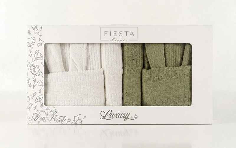 Fiesta Luxury Cotton Crinkly Jacquard Bathrobe Set 6 PCS - Cream & Green