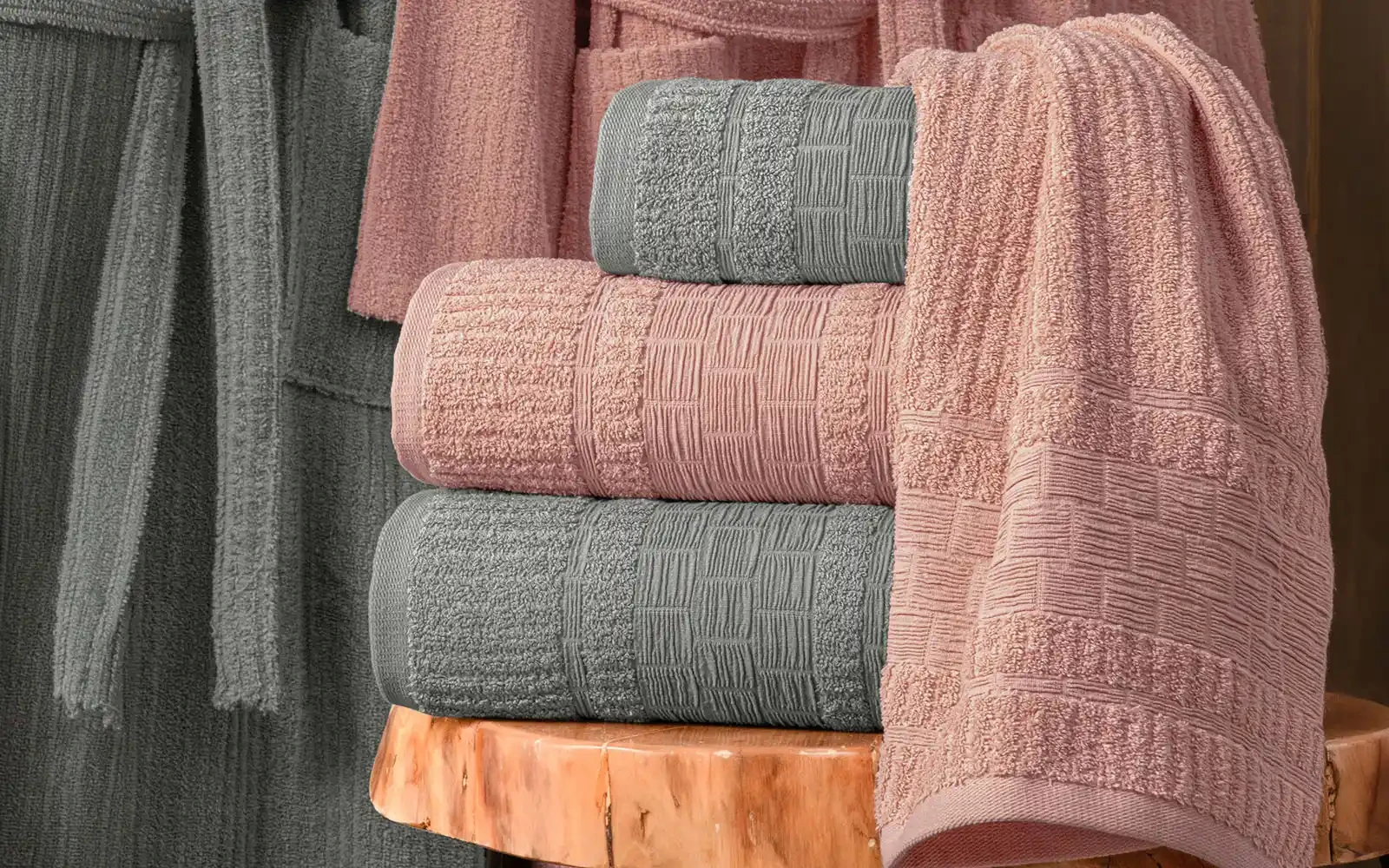 Fiesta Unisex Luxury Cotton Crinkly Bathrobe Set 6 PCS - Pink & Grey