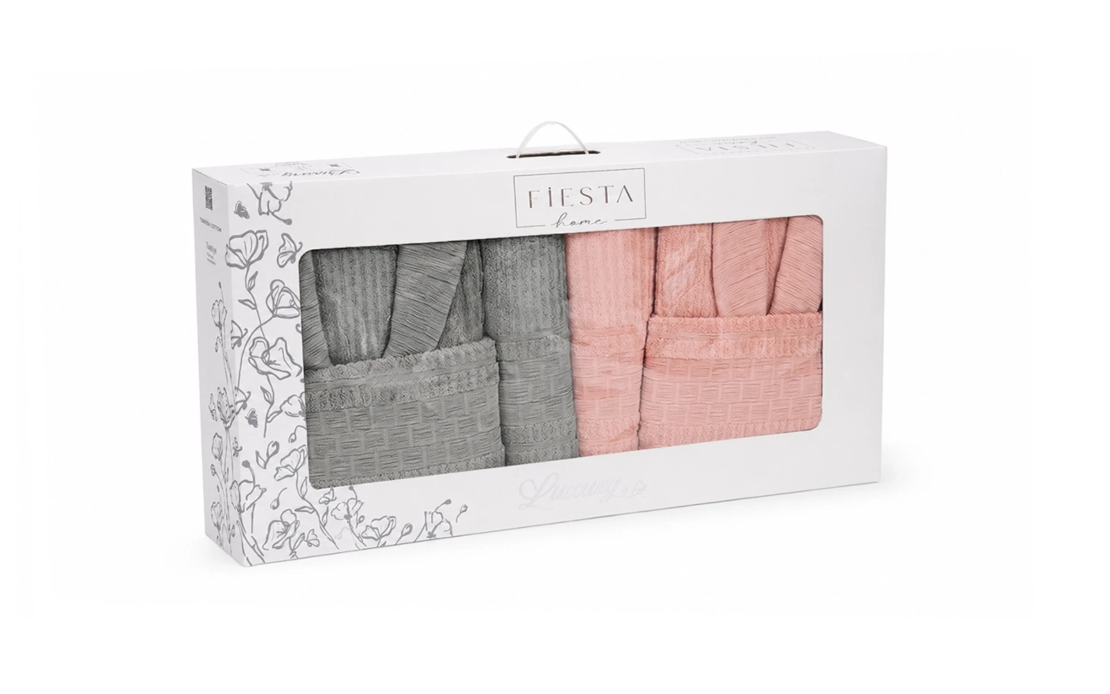 Fiesta Unisex Luxury Cotton Crinkly Bathrobe Set 6 PCS - Pink & Grey