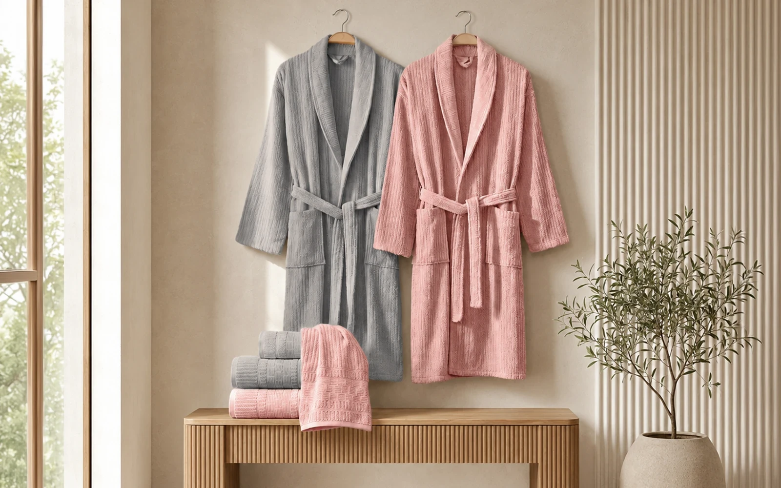 Fiesta Unisex Luxury Cotton Crinkly Bathrobe Set 6 PCS - Pink & Grey