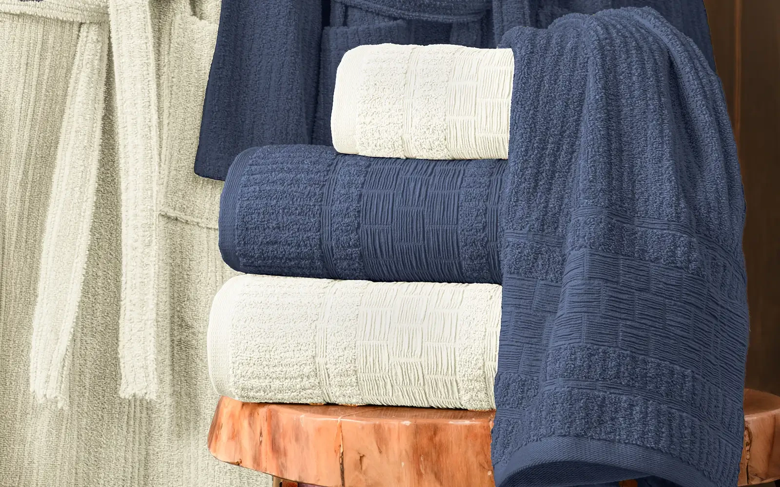 Fiesta Unisex Luxury Cotton Crinkly Bathrobe Set 6 PCS - Cream & Navy
