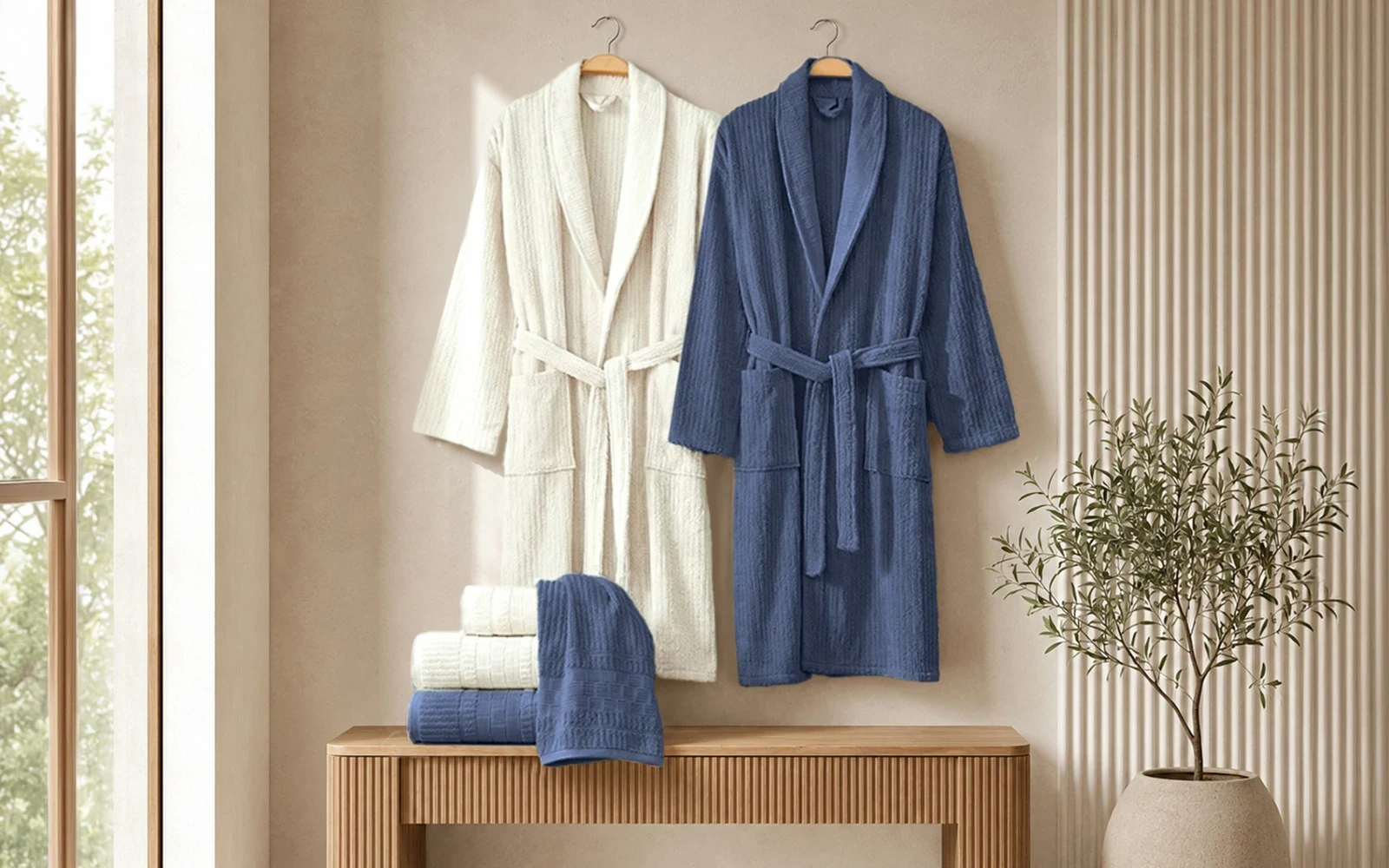 Fiesta Unisex Luxury Cotton Crinkly Bathrobe Set 6 PCS - Cream & Navy