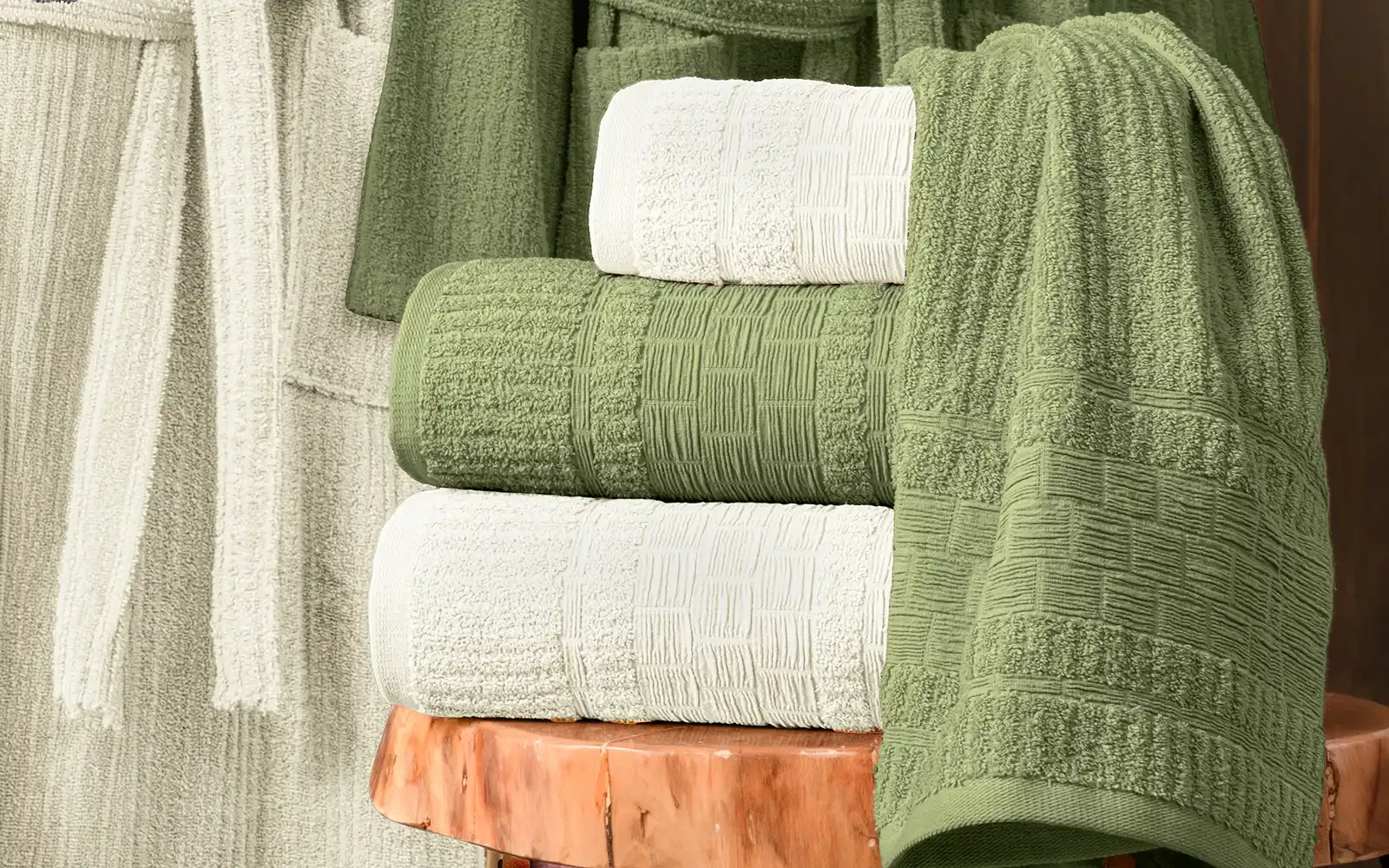 Fiesta Unisex Luxury Cotton Crinkly Bathrobe Set 6 PCS - Cream & Green