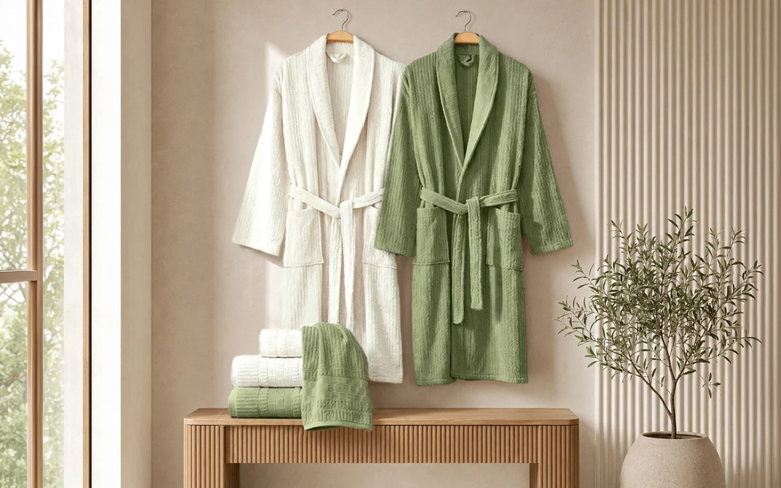 Fiesta Unisex Luxury Cotton Crinkly Bathrobe Set 6 PCS - Cream & Green