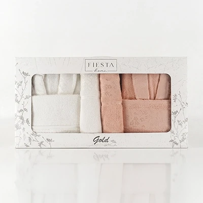 Gold Cotton Jacquard Bathrobe Set 6 PCS - Cream & Peach
