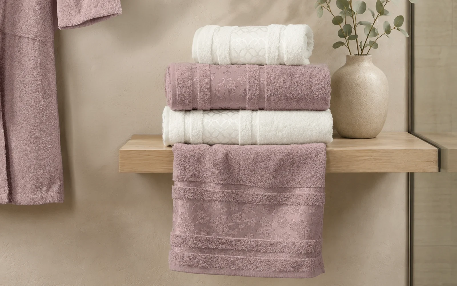 Fiesta Unisex Gold Cotton Jacquard Bathrobe Set 6 PCS - Cream & D.Pink