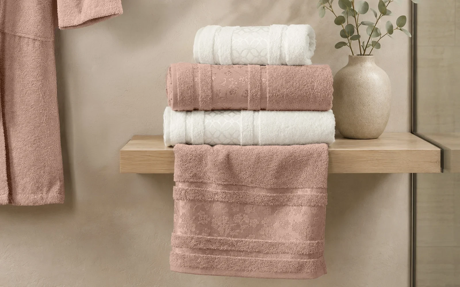 Fiesta Unisex Gold Cotton Jacquard Bathrobe Set 6 PCS - Cream & Peach