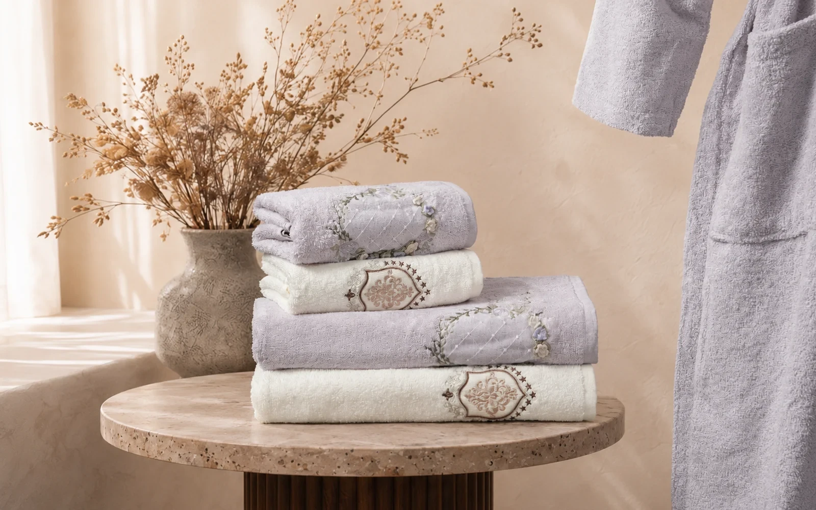 Fiesta Unisex Cotton Bamboo Embroidered 3D Bathrobe Set 6 PCS - Off White & L.Purple