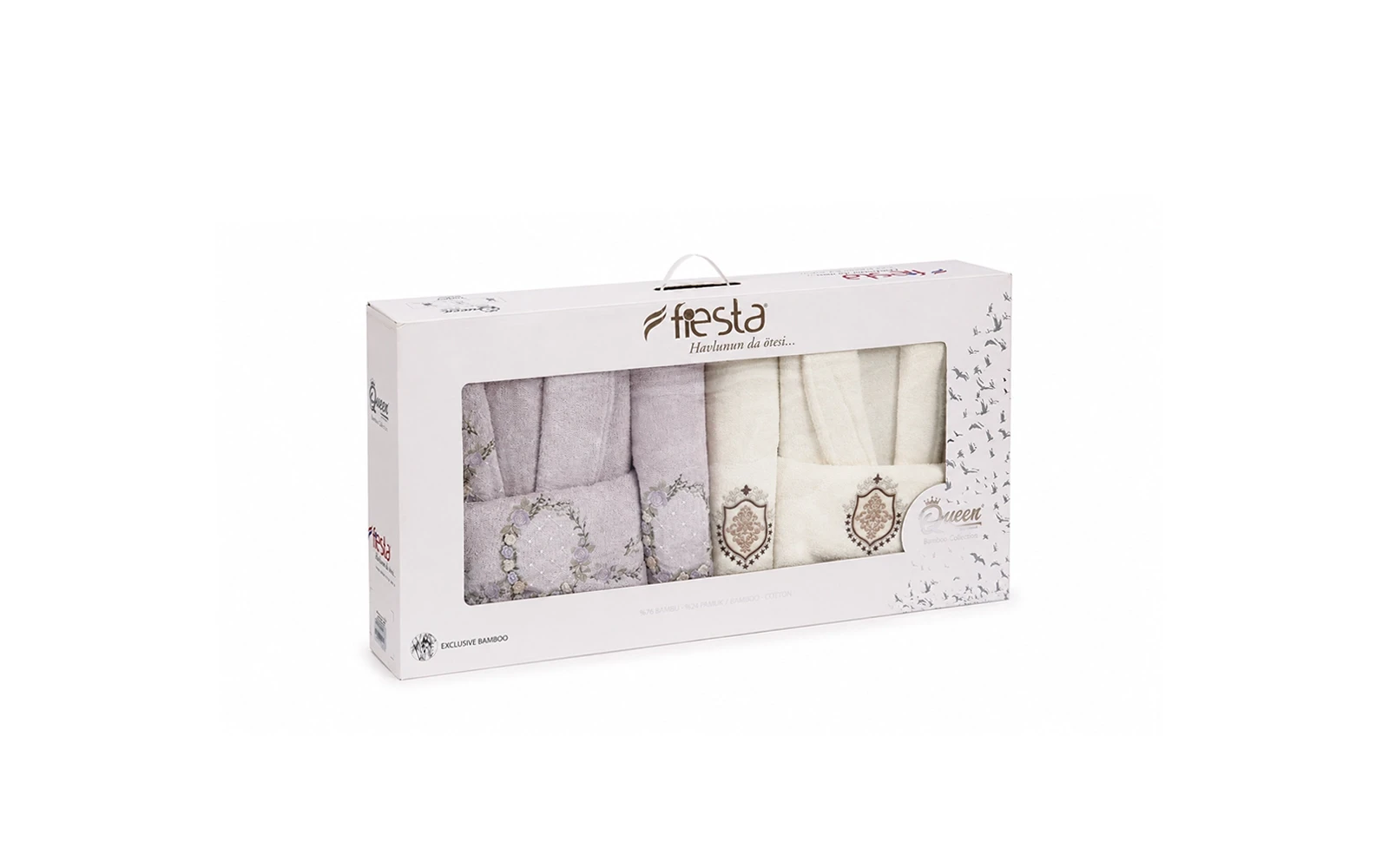 Fiesta Unisex Cotton Bamboo Embroidered 3D Bathrobe Set 6 PCS - Off White & L.Purple