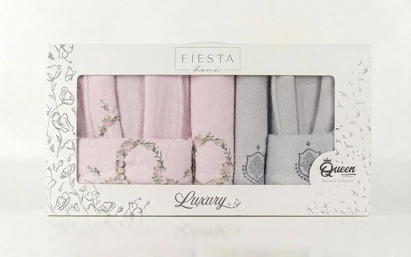 Liza Bambo Embroidered 3D Bathrobe Set 6 PCS - Pink & Grey
